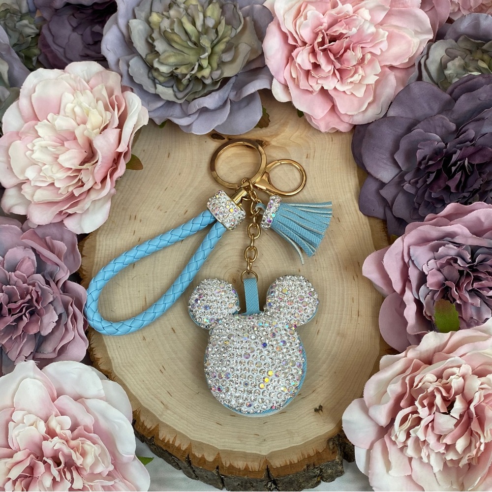 Crystal Mickey Mouse with Light Blue Tassel & Braided Wristlet Keychain - Picture 2 of 12